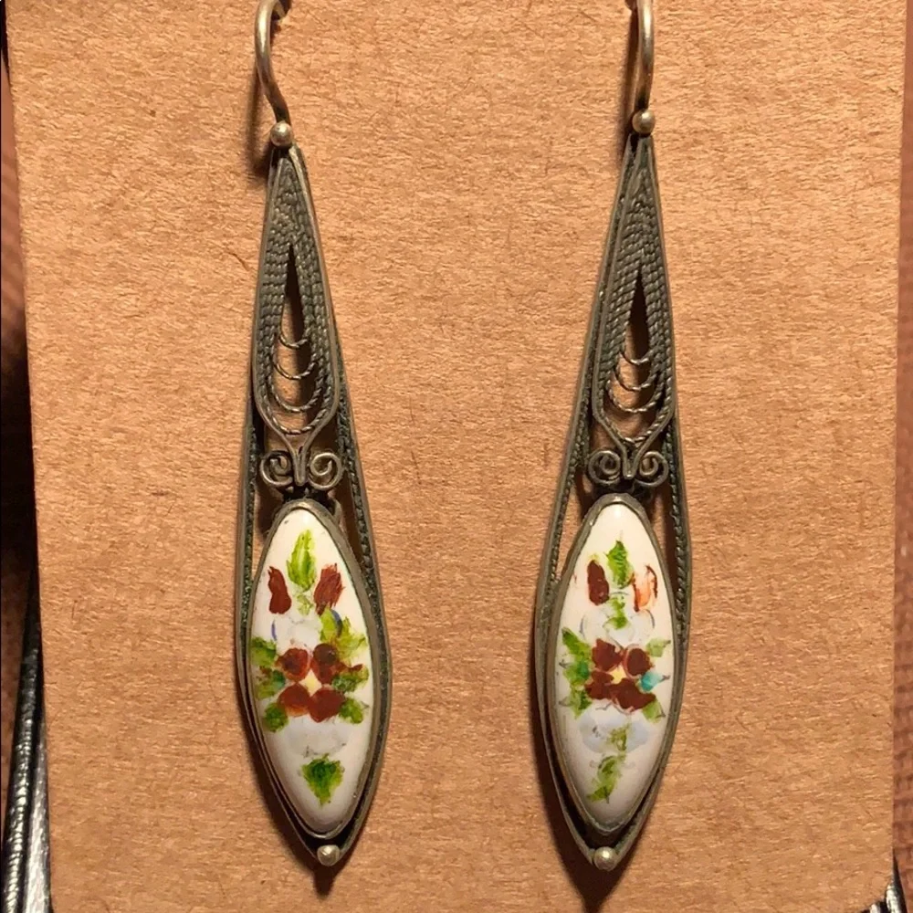 Handmade in USSR filigree hand-painted earrings - Picture 2 of 12